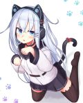  animal_band_legwear black_legwear blue_eyes blue_skirt cat_band_legwear cat_ear_headphones cat_tail headphones hibiki_(kantai_collection) highres kantai_collection kneeling long_hair long_sleeves looking_at_viewer paw_pose paw_print reitou_mikan school_uniform serafuku skirt tail thigh-highs verniy_(kantai_collection) white_background white_hair zettai_ryouiki 