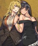  2girls :d ahoge animal_ear_fluff animal_ears artist_name bangle bangs bare_shoulders belt black_belt black_dress black_hair black_jacket blake_belladonna blonde_hair blush bracelet breasts cat_ears cleavage commentary cowboy_shot dancing dress earrings eyebrows_visible_through_hair formal grey_shirt hair_between_eyes hand_in_pocket head_tilt highres jacket jewelry large_breasts long_hair looking_at_another multiple_girls necklace off-shoulder_dress off_shoulder open_mouth rosa_katze rwby shirt signature slit_pupils smile suit violet_eyes wing_collar yang_xiao_long yellow_eyes yuri 