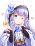  1girl ;d bangs bare_shoulders black_sleeves blue_eyes blue_hair blush closed_mouth commentary_request crystal detached_sleeves dress eyebrows_visible_through_hair food food_on_face fork granblue_fantasy hands_up head_tilt heart highres holding holding_fork hood hood_up lily_(granblue_fantasy) long_hair long_sleeves looking_at_viewer one_eye_closed open_mouth pointy_ears simple_background sleeves_past_wrists smile solo tomo_(user_hes4085) upper_body very_long_hair white_background white_dress white_sleeves wide_sleeves 