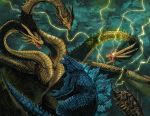  battle christianwillett claws clouds cloudy_sky dragon dragon_horns dragon_wings duel electricity fangs fighting glowing glowing_eyes godzilla godzilla:_king_of_the_monsters godzilla_(2014) godzilla_(series) highres horns kaijuu king_ghidorah king_ghidorah_(godzilla:_king_of_the_monsters) lighting monster multiple_heads no_humans open_mouth rain red_eyes scales sharp_teeth sky tail teeth wings 