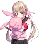  &gt;_&lt; 1girl :d absurdres alternate_costume armband blonde_hair blush bunny_hair_ornament commentary_request hair_ornament highres hug knife looking_at_viewer low_twintails natori_sana object_hug open_mouth rariemonn red_eyes sana_channel school_uniform simple_background smile solo stuffed_animal stuffed_bunny stuffed_toy sweater twintails virtual_youtuber white_background xd 