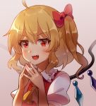  1girl 60mai :3 :d ahoge ascot bangs blonde_hair blush bow commentary_request crystal eyebrows_visible_through_hair flandre_scarlet frilled_shirt_collar frills grey_background hair_between_eyes hair_bow heart heart-shaped_pupils looking_at_viewer no_hat no_headwear one_side_up open_mouth own_hands_together puffy_short_sleeves puffy_sleeves red_bow red_eyes red_vest revision shirt short_hair short_sleeves sidelocks simple_background smile solo steepled_fingers symbol-shaped_pupils touhou upper_body vest white_shirt wings yellow_neckwear 