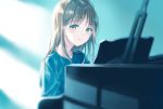  1girl bangs black_shirt blurry blush brown_eyes brown_hair commentary_request depth_of_field grand_piano highres instrument light long_hair looking_at_viewer original piano shirt sidelocks smile solo suzumi_konbu upper_body 