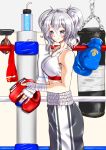  1girl bottle boxing boxing_gloves boxing_headgear boxing_ring boxing_shorts gloves kantai_collection kashima_(kantai_collection) long_hair navel punching_bag rigid rigidsteed shorts solo sports_bra sweat twintails water_bottle wavy_hair 