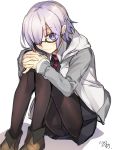  1girl blue_skirt blush boots fate_(series) glasses hair_over_one_eye hood hoodie interlocked_fingers knees_to_chest looking_at_viewer mash_kyrielight necktie nikame pantyhose purple_hair red_neckwear semi-rimless_eyewear skirt smile solo violet_eyes white_background 
