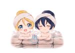  2girls ayase_eli bangs bathing blonde_hair blue_eyes blue_hair blush chibi closed_eyes commentary_request eyebrows_visible_through_hair hair_between_eyes long_hair looking_at_viewer love_live! love_live!_school_idol_project multiple_girls onsen onsen_symbol open_mouth partially_submerged rock smile sonoda_umi steam suito towel towel_on_head white_towel 