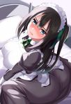  1girl apron ass bed bed_sheet black_hair blush breasts closed_mouth commentary_request from_above green_eyes green_ribbon hair_between_eyes huyumitsu large_breasts long_sleeves looking_at_viewer maid maid_apron maid_dress maid_headdress original pillow ribbon sitting 