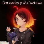  1girl ahoge black_hair black_hole blush book breasts casual cereal gigamessy holding holding_book holding_spoon hood hoodie long_hair looking_at_viewer m87_black_hole medium_breasts multicolored_hair open_mouth orange_eyes orange_hair original personification solo spoon upper_body 