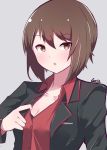  1girl absurdres artist_name blush breasts brown_eyes brown_hair chestnut_mouth cleavage collarbone girls_und_panzer grey_background highres kuromorimine_military_uniform looking_at_viewer medium_breasts nishizumi_maho open_mouth shirt_pull short_hair solo tegar32 upper_body 