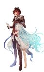  1boy 1girl ahoge armor blue_eyes blue_hair bridal_gauntlets brown_hair choker dress fingerless_gloves gauntlets gloves granblue_fantasy highres hood hood_down hug hug_from_behind long_hair lyria_(granblue_fantasy) makita_(homosapiensu) paper red_eyes sandalphon_(granblue_fantasy) short_dress short_hair sleeveless sleeveless_dress smile very_long_hair white_dress 