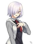  1girl cowboy_shot fate/grand_order fate_(series) grey_hoodie hair_over_one_eye hand_on_own_chest hood hoodie looking_at_viewer mash_kyrielight necktie nikame purple_hair red_neckwear short_hair solo violet_eyes white_background 