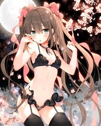  1girl :o bangs bare_arms bare_shoulders black_bra black_legwear black_panties blush bra breasts breasts_apart brown_hair cherry_blossoms collarbone commentary_request contrapposto cowboy_shot floating_hair frills frown full_moon furrowed_eyebrows garter_straps green_eyes hair_between_eyes hair_ribbon hands_up lingerie long_hair looking_at_viewer moon navel original panties parted_lips petals pink_ribbon ribbon sidelocks small_breasts solo standing stomach thigh-highs thighs tree twintails twitter_username underwear underwear_only very_long_hair yadapot 