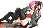  1girl alfred_cullado black-framed_eyewear black_bra black_legwear black_shorts bra breasts brown_eyes brown_hair cleavage coat collarbone cosplay fur-trimmed_coat fur_trim glasses green_coat halterneck headphones large_breasts long_hair multicolored_hair neo_(rwby) open_clothes open_coat patreon_logo persona persona_5 pink_hair print_shirt rwby sakura_futaba sakura_futaba_(cosplay) shiny shiny_hair shiny_skin shirt short_shorts shorts simple_background sitting sleeveless sleeveless_shirt solo thigh-highs two-tone_hair underwear very_long_hair watermark white_background white_shirt zettai_ryouiki 