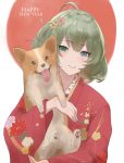  1girl antenna_hair arm_up bangs blue_eyes blunt_bangs blush dog eyebrows_visible_through_hair floral_print green_eyes green_hair hair_between_eyes happy_new_year heterochromia highres holding_dog idolmaster idolmaster_cinderella_girls japanese_clothes kimono looking_at_viewer mole mole_under_eye new_year red_sun rurikosu short_hair simple_background smile takagaki_kaede traditional_clothes upper_body white_background yukata 