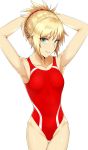  1girl :&gt; arms_behind_head arms_up bare_arms bare_shoulders blonde_hair braid breasts collarbone commentary_request eyebrows_visible_through_hair fate/apocrypha fate_(series) green_eyes hair_between_eyes hair_ornament hair_scrunchie highres looking_at_viewer mordred_(fate)_(all) mordred_(swimsuit_rider)_(fate) one-piece_swimsuit oribe_(nopear) ponytail red_scrunchie red_swimsuit scrunchie simple_background small_breasts smile solo swimsuit white_background 