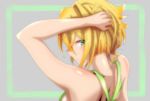  1girl akatsuki_kirika arm_up bare_arms bare_shoulders blonde_hair blush breasts commentary_request eyebrows_visible_through_hair from_behind green_eyes grey_background hand_in_hair highres keen.c looking_at_viewer looking_back parted_lips senki_zesshou_symphogear shiny shiny_hair shiny_skin short_hair sideboob solo upper_body 