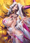  1girl absurdres black_hair blood bow breasts chest_tattoo cleavage facial_mark fate/extra fate/extra_ccc fate/grand_order fate_(series) forehead_mark from_side highres horns huge_breasts huge_filesize navel_cutout sesshouin_kiara tattoo tenobe thighs veil wavy_hair yellow_background yellow_eyes 