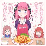  /\/\/\ 3girls apron asou_(asabu202) blue_eyes breasts character_name chibi cleavage food fork go-toubun_no_hanayome hair_ornament headphones headphones_around_neck highres large_breasts long_hair looking_at_viewer medium_hair multiple_girls nakano_itsuki nakano_miku nakano_nino o_o omurice pink_apron pink_hair redhead spoon star star_hair_ornament translation_request 