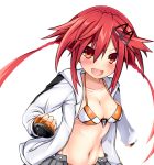 1girl black_hairband blush braid breasts cleavage clenched_hand hairband kurozero long_hair looking_at_viewer medium_breasts navel neptune_(series) open_clothes open_mouth open_shirt red_eyes redhead solo tennouboshi_uzume twin_braids white_background 