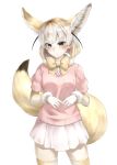  1girl animal_ear_fluff animal_ears blonde_hair blush bow bowtie commentary_request cowboy_shot elbow_gloves extra_ears eyebrows_visible_through_hair fennec_(kemono_friends) fox_ears fox_tail gloves gradient_hair highres kemono_friends looking_at_viewer multicolored_hair p_rosu pink_sweater short_hair short_sleeves simple_background skirt solo sweater tail thigh-highs white_background white_gloves white_hair white_skirt yellow_eyes yellow_legwear yellow_neckwear zettai_ryouiki 