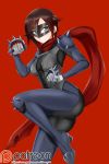  1girl alfred_cullado asymmetrical_hair bodysuit brown_hair corset cosplay gloves gradient_hair grey_eyes grey_gloves highres holding holding_weapon leg_up looking_at_viewer mask multicolored_hair niijima_makoto niijima_makoto_(cosplay) patreon_logo persona persona_5 red_background red_scarf redhead ruby_rose rwby scarf short_hair simple_background solo standing standing_on_one_leg two-tone_hair watermark weapon 