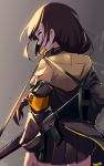  1girl absurdres armband artist_name assault_rifle brown_eyes brown_hair girls_frontline grey_background gun highres long_hair looking_at_viewer looking_back m16 m16a1 m16a1_(girls_frontline) rifle solo tegar32 weapon 