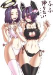  2girls bell bell_choker bell_collar black_bra black_panties blush bra cat_cutout cat_ear_panties cat_lingerie choker cleavage_cutout collar eyepatch frilled_bra frills headgear jingle_bell kantai_collection lingerie mechanical_halo meme_attire multiple_girls navel panties paw_pose purple_hair rigid rigidsteed short_hair side-tie_panties simple_background tatsuta_(kantai_collection) tears tenryuu_(kantai_collection) thigh-highs trembling underwear underwear_only violet_eyes white_background white_bra 