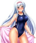  1girl blue_swimsuit blush breasts collarbone commentary_request competition_swimsuit covered_navel cowboy_shot eyebrows_visible_through_hair hair_between_eyes hairband highleg highleg_swimsuit holding holding_towel kantai_collection large_breasts long_hair looking_at_viewer nose_blush one-piece_swimsuit shiny shiny_clothes shiny_swimsuit shoukaku_(kantai_collection) silver_hair simple_background smile solo standing sweatdrop swimsuit towel wet white_background white_hair yellow_eyes zanntetu 