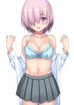  1girl bare_shoulders blue_bra blush bow_bra bra breasts cleavage collarbone dress_shirt fate/grand_order fate_(series) grey_skirt hair_over_one_eye lavender_hair looking_at_viewer mash_kyrielight medium_breasts navel off_shoulder open_clothes open_mouth open_shirt parted_lips pleated_miniskirt pleated_skirt ryuunonon shielder_(fate/grand_order) shirt short_hair simple_background skirt smile solo type-moon underwear undressing violet_eyes white_background 
