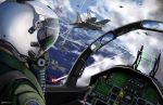  ace_combat_7 aircraft airplane clouds cloudy_sky cockpit condensation_trail explosion f-15_eagle fighter_jet helmet highres jet laser military military_vehicle ndtwofives ocean pilot_suit reflection ship signature sky su-30 tower twitter_username war watercraft 