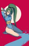  1girl arm_up armpits bare_legs barefoot blue_dress breasts dress earrings fire_emblem fire_emblem:_rekka_no_ken full_body grass green_eyes green_hair head_tilt highres jewelry long_hair looking_at_viewer lyndis_(fire_emblem) medium_breasts nintendo parted_lips pelvic_curtain phiphi-au-thon ponytail red_background sash short_sleeves side_slit sitting solo stretch thighs turtleneck wariza 