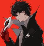  1boy amamiya_ren black_hair gloves jacket male_focus mask p555_sw persona persona_5 red_eyes red_gloves short_hair simple_background smile solo 