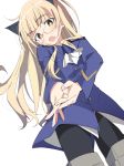  1girl bangs black_legwear blonde_hair blunt_bangs blush eyebrows_visible_through_hair glasses ixy long_hair long_sleeves looking_at_viewer military military_uniform open_mouth pantyhose perrine_h_clostermann simple_background solo strike_witches uniform white_background world_witches_series yellow_eyes 