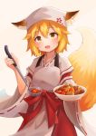  1girl :3 :d animal_ears bangs blonde_hair blush bowl cowboy_shot ears_through_headwear eyebrows_visible_through_hair fang food fox_ears fox_girl fox_tail grey_apron hakama head_scarf highres holding holding_bowl japanese_clothes ladle long_sleeves looking_at_viewer open_mouth red_hakama red_ribbon ribbon ribbon-trimmed_sleeves ribbon_trim senko_(sewayaki_kitsune_no_senko-san) sewayaki_kitsune_no_senko-san shirokun0824 short_hair smile solo tail tareme wide_sleeves yellow_eyes 