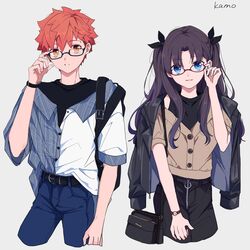  1boy 1girl adjusting_eyewear alternate_costume artist_name bespectacled black_hair black_legwear blue_eyes brown_eyes emiya_shirou fate/stay_night fate_(series) glasses hair_ribbon highres kamo_0707 long_hair long_sleeves looking_at_viewer orange_hair ribbon smile tohsaka_rin two_side_up type-moon unlimited_blade_works upper_body 