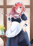  1girl absurdres alternate_costume apron bangs black_footwear black_hairband black_legwear blue_dress blue_eyes blurry blurry_background blush breasts brown_hair commentary_request depth_of_field dress enmaided eyebrows_visible_through_hair frilled_apron frilled_hairband frills go-toubun_no_hanayome hair_between_eyes hairband hand_up highres holding holding_tray honorikiti long_hair maid nakano_miku open_mouth pantyhose puffy_short_sleeves puffy_sleeves shoes short_sleeves small_breasts solo standing standing_on_one_leg transparent tray twitter_username vase white_apron wrist_cuffs 