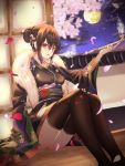  1girl arm_support bangs black_kimono black_legwear blush breasts brown_hair cherry_blossom_print cherry_blossoms cup6542 feather_boa feet_out_of_frame floral_print flower full_moon hair_between_eyes hair_bun hair_flower hair_ornament hand_up highres holding holding_pipe indoors japanese_clothes kimono kiseru knees_up long_hair long_sleeves looking_at_viewer medium_breasts moon night night_sky obi open_mouth original pantyhose petals pipe red_eyes sash shouji sidelocks sitting sky sliding_doors smile smoke smoking solo star_(sky) starry_sky tassel thigh-highs wide_sleeves 