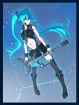  1girl black_footwear black_legwear black_skirt blue_background blue_eyes blue_hair boots collarbone crop_top eyebrows_visible_through_hair floating_hair full_body guitar hair_between_eyes hatsune_miku headphones highleg highleg_panties highres holding holding_instrument instrument knee_boots konbari_tariumu long_hair microphone midriff miniskirt navel off_shoulder panties pencil_skirt shiny shiny_skin skirt solo standing stomach thigh-highs twintails underwear very_long_hair vocaloid wrist_cuffs 