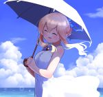  1girl :d ^_^ bangs blonde_hair blue_sky blush brooch clarice_(idolmaster) closed_eyes clouds day dress evolvingmonkey hair_between_eyes hair_bun hair_up hands_together hands_up highres holding holding_umbrella idolmaster idolmaster_cinderella_girls jewelry long_hair ocean open_mouth outdoors parasol red_brooch sidelocks sky sleeveless sleeveless_dress smile solo umbrella white_dress white_umbrella wind wind_lift 