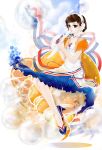  1girl blue_footwear blue_sky brown_hair bubble clouds dress earrings food fruit hairband high_heels jewelry orange orange_slice orangina personification ribbon short_hair short_sleeves sitting sky smile solo striped striped_ribbon white_hairband wistaria99 