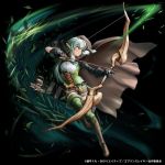  1girl aiming arrow artist_request belt black_bow black_gloves boots bow bow_(weapon) breasts brown_footwear cloak corset crossover detached_sleeves elf full_body gloves goblin_slayer! grand_summoners green_eyes green_hair green_legwear hair_bow hair_intakes high_elf_archer_(goblin_slayer!) hood hood_up knee_boots leaf long_hair loose_belt low_ponytail official_art pointing pointing_forward pointy_ears quiver serious shorts sidelocks single_detached_sleeve small_breasts solo thigh-highs thighhighs_under_boots translation_request weapon wind zettai_ryouiki 