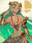  1girl bare_shoulders bellhenge blush breasts dress green_eyes green_hair jewelry kid_icarus long_hair looking_at_viewer necklace nintendo palutena smile solo super_smash_bros. tiara very_long_hair 