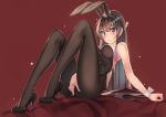  1girl animal_ears black_footwear black_hair black_legwear black_leotard brown_background bunny_girl bunny_tail bunnysuit commentary_request detached_collar full_body hair_ornament hairclip high_heels highres leotard long_hair looking_at_viewer pantyhose parted_lips rabbit_ears sakurajima_mai seishun_buta_yarou simple_background sitting solo strapless strapless_leotard tail violet_eyes wrist_cuffs yumemi_(kiowa) 