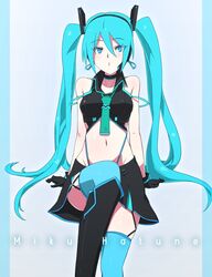  1girl arm_support black_footwear black_gloves black_hairband black_skirt blue_eyes blue_hair blue_legwear boots character_name choker collarbone crop_top eyebrows_visible_through_hair garter_straps gloves green_neckwear grey_background groin hair_between_eyes hairband hatsune_miku headphones highleg highleg_panties highres knee_boots konbari_tariumu leaning_back long_hair looking_at_viewer midriff miniskirt navel necktie panties shiny shiny_skin skirt sleeveless solo stomach thigh-highs twintails underwear very_long_hair vocaloid zettai_ryouiki 