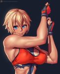  1girl bare_shoulders black_background black_gloves blonde_hair blue_eyes breasts commission dark_skin fingerless_gloves gloves highres large_breasts lips looking_at_viewer muscle nikita_varb original short_hair simple_background smile solo sweat toned upper_body 