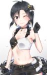  1girl ;) antenna_hair arm_strap belt black_eyes black_gloves black_hair black_shorts breasts choker cleavage collar earrings feather_earrings gloves groin hair_between_eyes hair_ornament highres idolmaster idolmaster_(classic) jewelry kikuchi_makoto looking_at_viewer midriff mogskg navel one_eye_closed overskirt short_hair short_shorts shorts simple_background small_breasts smile solo standing stomach white_background yellow_feathers 