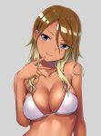  1girl bikini_top blonde_hair breasts brown_hair cleavage closed_mouth collarbone dark_skin eyes_visible_through_hair finger_to_mouth gradient_hair grey_background hair_between_eyes hashi head_tilt idolmaster idolmaster_shiny_colors izumi_mei large_breasts long_hair looking_at_viewer multicolored_hair simple_background smile solo two-tone_hair upper_body violet_eyes w white_bikini_top 
