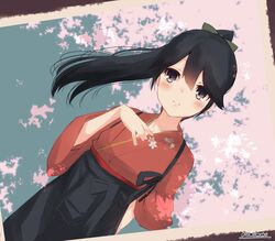  1girl black_eyes black_hair dutch_angle green_ribbon hair_ribbon hakama hand_on_own_chest highres houshou_(kantai_collection) japanese_clothes kantai_collection kimono looking_at_viewer momiji_(103) photo ponytail ribbon smile solo tasuki twitter_username 