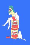  1girl bandaid bangs bare_legs barefoot black_eyes blue_background can cat food green_hair highres jpeg_artifacts limited_palette long_hair looking_at_viewer no_nose open_mouth original red_skirt shirt short_sleeves skirt solo tomato twitter_username white_cat yellow_shirt yonoko_k 