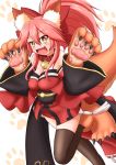  1girl animal_ear_fluff animal_ears bare_shoulders bell bell_collar blush_stickers breasts cat_hair_ornament cat_paws cleavage collar fangs fate/grand_order fate_(series) fox_ears fox_girl fox_tail gloves hair_ornament hair_ribbon jingle_bell large_breasts long_hair looking_at_viewer paw_gloves paw_shoes paws pink_hair ponytail red_ribbon ribbon shararan_(hoshizoraya) shoes simple_background solo tail tamamo_(fate)_(all) tamamo_cat_(fate) white_background yellow_eyes 